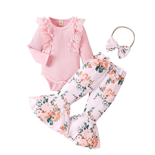 Baby Girl Fall Clothes Solid Ribbed Long Sleeve Romper and Flower Flare Pants Bow Headband 3pcs Infant Outfit