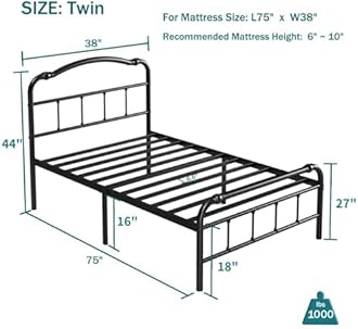 ZIYOO Vintage-Inspired 18 Inch Metal Bed Frame - Victorian Headboard & Footboard, Sturdy Platform Design, Under Bed Storage, No Box Spring Needed, Noise Free, Twin Size