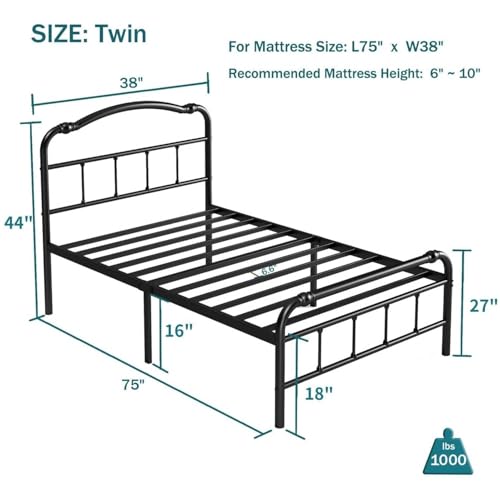 ZIYOO Vintage-Inspired 18 Inch Metal Bed Frame - Victorian Headboard & Footboard, Sturdy Platform Design, Under Bed Storage, No Box Spring Needed, Noise Free, Twin Size
