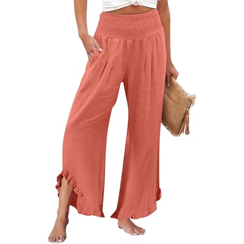 Pantalones de Lino Curvy Sólido Suelto Pierna Recta con Bolsillos Cordón Elástico en la Cintura Pantalones Playa 7/8 Ligero Casual Pantalones de ocio Paño de Lino Pants para Playa Vacaciones, Rd1, S