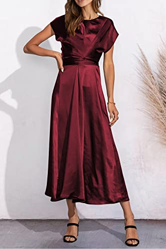 Prettygarden Women's 2023 Summer Satin Midi Dress Cap Sleeve Tie Waist Elegant A-Line Flowy Dresses (Wine Red,Small) #TOP4
