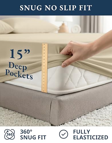 Image of LANE LINEN 100% Organic Cotton Fully Elasticized California King Sheet Set, Low Pilling Fade Resistant Machine Washable Naturally Cooling Cal King Bedding Set, Soft & Comfy Cotton Sheets - Linen