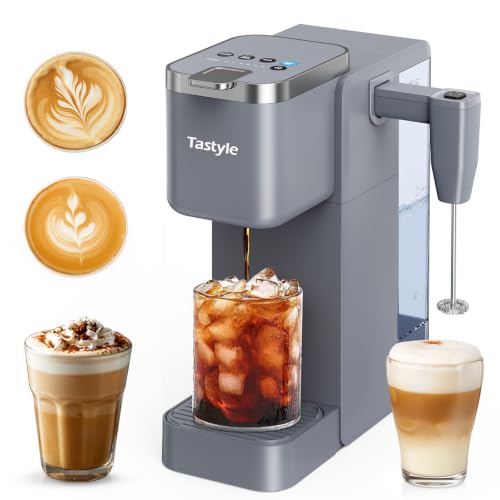 Image of Tastyle Single Serve Coffee Maker, Iced and Hot Coffee Machine for K Cup & Grounds, Built-in Detachable Milk Frother, 40oz Removable Water Reservoir, 6 to 24 Oz Brew Sizes, Classic Gray