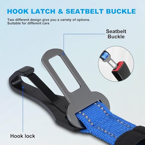 Image of IOKHEIRA Dog Seat Belt 3-in-1 Car Harness for Pets Adjustable Safety Seatbelt Nylon Reflective Bungee Fabric Dog Car Harness with Clip Hook Latch & Buckle, Swivel Zinc Alloy Carabiner (Bule)