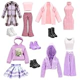 Miunana 9 Stück Kleidung und Zubehör für 11,5 Zoll Mädchen Puppen Freizeitbekleidung Plüsch Mantel Jacke Outfits Kleid Pullover Hosen Rock mit 4 Schuhe Geschenk für Mädchen