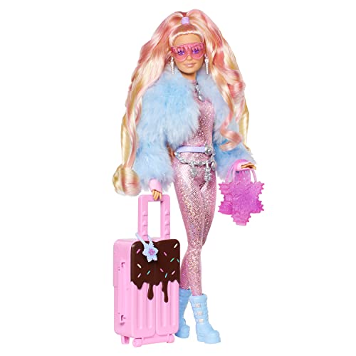 Barbie HPB16 Extra Travel Articulated Doll with Snow Outfit, Pink Glitter Jumpsuit and Faux Fur Coat, Includes 15 Fashion Accessories, Toy for 3 Years and Up