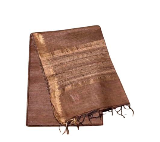 INDIA SILK PWCS LTD Bhagalpuri Handloom Pure Tussar Muga Silk Saree Gold Temple Zari Border Pure Katiya Silk P
