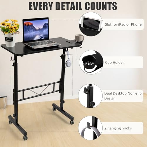 Image of SIDUCAL Standing Desk Adjustable Height, Small Mobile Table with Wheels, Rolling Desk for Standing or Sitting, Portable Computer Desk for Walking Pad, Black