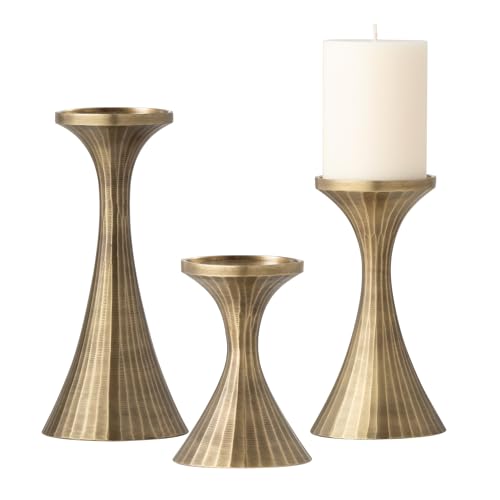 Torre & Tagus Tomar Metal Pillar Candle Holder Set of 3 Aluminum Candleholders in Vintage Gold as Mantle Decor for Living Room, Table Decor for Dining Table, Modern Kitchen Decor, Wedding Decorati...