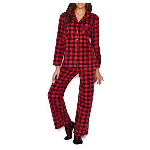 Karen Neuburger Women's Long Sleeve Minky Fleece Pajama Set PJ, Buffalo Plaid Cherry Red/Black, S
