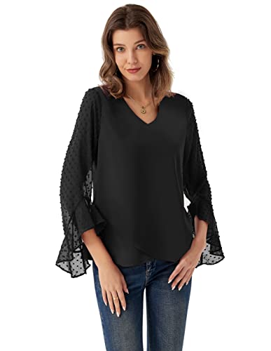 2023 Summer Dressy Tops For Women 3/4 Sleeve Tops Dressy V Neck Loose Wrap Hem Casual Work Pom Pom Shirts Balck L Black #TOP5
