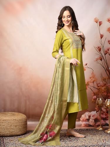 Image of Stylum Women's Embroidered Cotton Blend Straight Kurta Pant with Dupatta