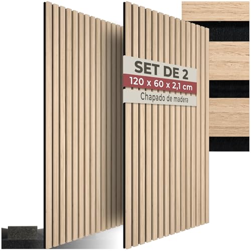 tectake® Paneles Acusticos Decorativos MDF, Chapa de Madera Real, Excelente Acústica, Tejido de Fieltro y Madera, Insonorización Acústica Pared - 60 x 120 x 2,1 cm 2 Paneles Roble Claro