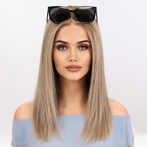 Image of KKU 16 Inch Light Brown Mixed Blonde Human Hair Wigs for Women,5x5 Lace Front Wigs Human Hair,wigs for women