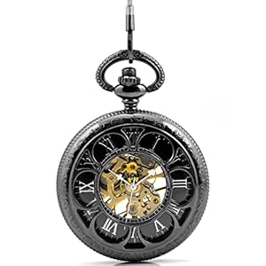 Unendlich U Vintage Retro Handaufzug Mechanische Taschenuhr 6 Blütenblätter Hohle Skelett Kettenuhr Pullover Halskette Schwarz