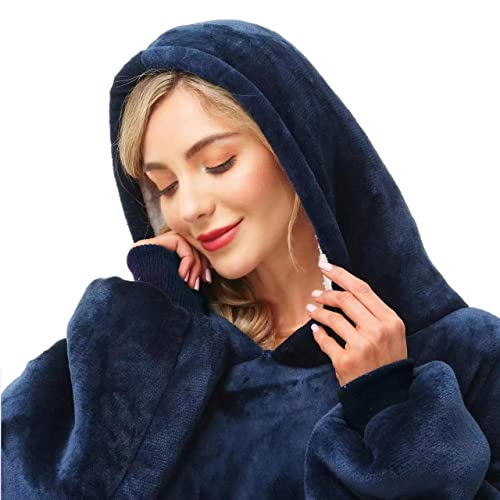 Kipswiza Oversized Wearable Blanket Hoodie - Gifts for Mother Women and Men, Cozy Soft Sherpa & Flannel Fleece Blankets Sweatshirt, Navy