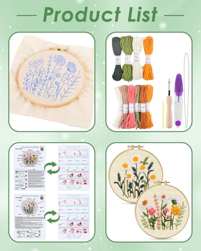 Image of ERKOON Punch Needle Kit Adults Beginners, 2 Pcs DIY Easy Flower Embroidery Set for Starter Art Craft, Needling Punching Project with Patterns, Tools, Yarns, Hoop, Instruction (Daisies)
