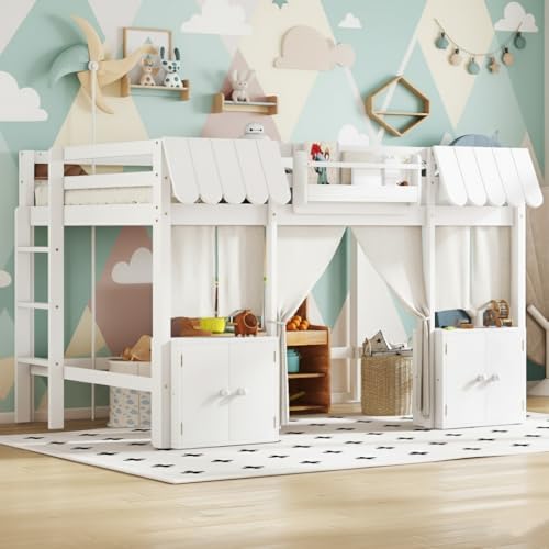 LUMISOL Twin Loft Bed with Curtain, and Storage Shelf, Modern Woo...