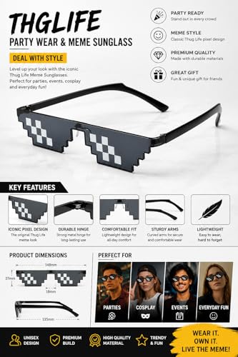 Image of Thuglife thug life sunglass Meme sunglasses glass glasses snoopdog funny cool for adults party concert men women kids prop photos gangster gangsta pixelated mosaic