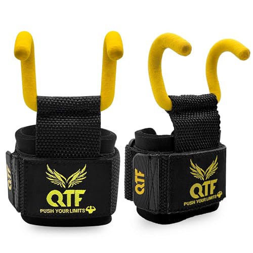 QTF Weight Lifting Barbell Hooks - Metal Gym Lifting Hooks with Wrist Straps for Men & Women, Heavy Duty weight grips for Deadlifts, Pull Ups, Shrugs, Powerlifting, and Gym Workouts (Yellow/Double-Hooks, Double-Hooks)
