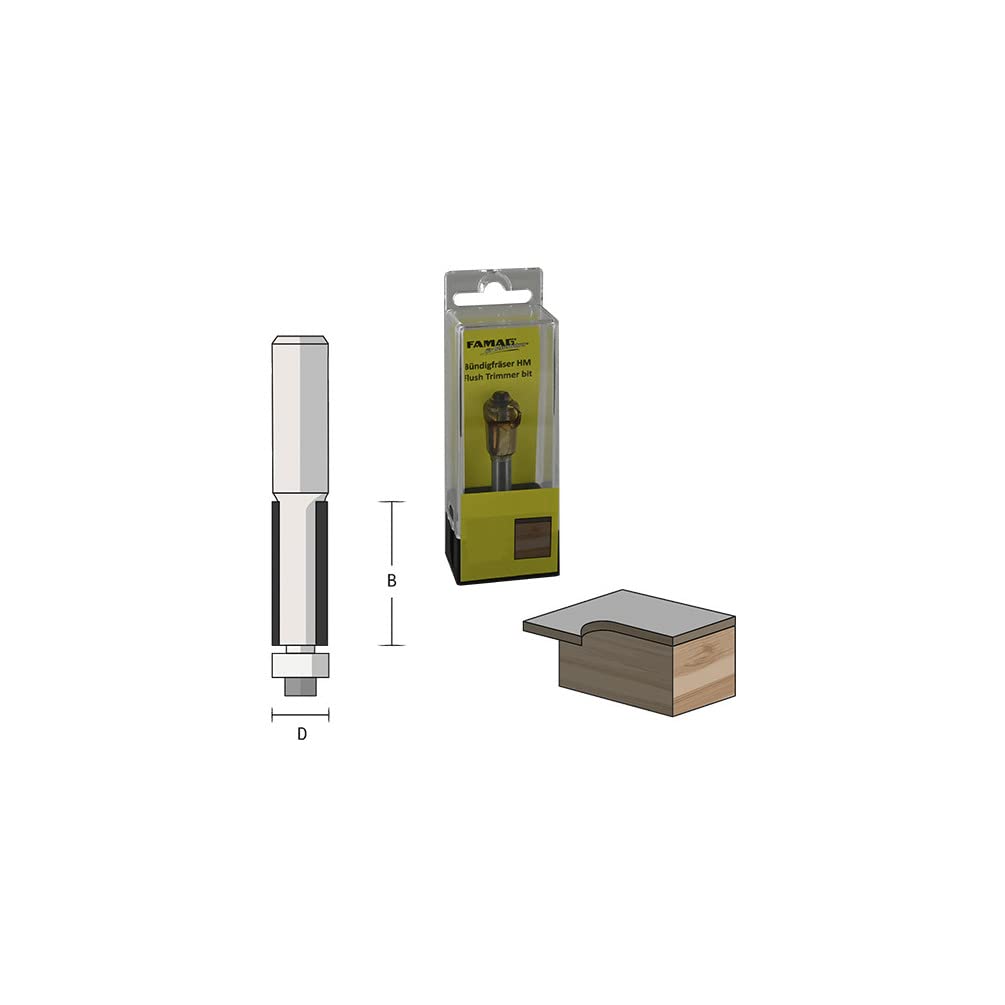 FAMAG HM Flush Cutter (D12.7 / B38 / Total Length 80 mm/Shaft 8 mm, Cutter with Bearing Suitable for Edge milling in Carpentry, Assembly Work in The Craft Sector) 3101.838