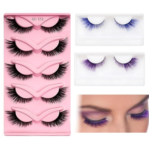 QOWUXHZ 7 Paia Ciglia Finte Cat Eye Lashes Fox Eye Wispy Ciglia Di Volpe Fluffy Occhio Di Gatto Ciglia Finte Natural 3D Eyelashes Nero Viola Blu
