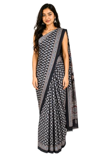 Image of Ethnics of Kutch Womenss Ajrakh Modal Silk Natural Dye Hand Block Print Saree with Blouse Piece - 5.5 Mtr Length