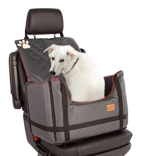 Golden Dog - Transportbox Hund mit Sicherheitsgurt M-52x44x33 cm - Leder Imitation Autositz Hund, Wasserdicht Hundesitz Auto - Beifahrersitz Hundebox Faltbar - Anschnallgurt Hundekorb Auto, Grau