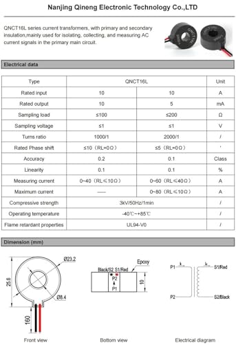 Transductor de corriente toroidal QNCT17L 100A 50mA para control de consumo eléctrico 5