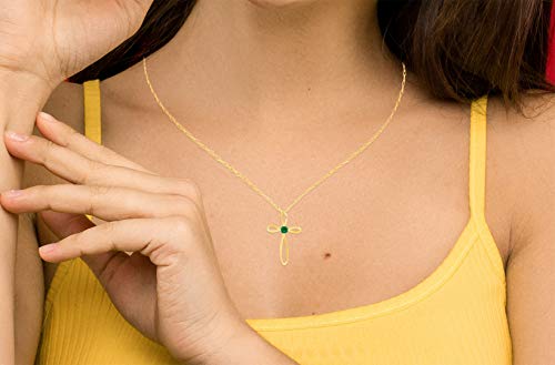 Femme Luxe 10K Yellow Gold Birthstone Open Loop Cross Pendant Necklace For Women, 18" Gold Filled Chain, Hypoallergenic, Gift Ready Packaging (Emerald - Green | May) #TOP1