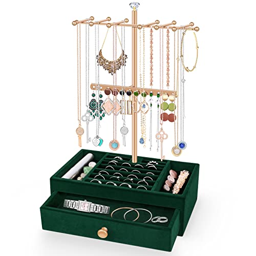 Keeswin Jewelry Organizer with Drawer Storage Box, Tabletop Jewelry Stand with 2 Tier Jewelry Organizer Stand, Jewelry Holder Display for Necklaces, Earrings, Rings, Bracelets, Retro-Green