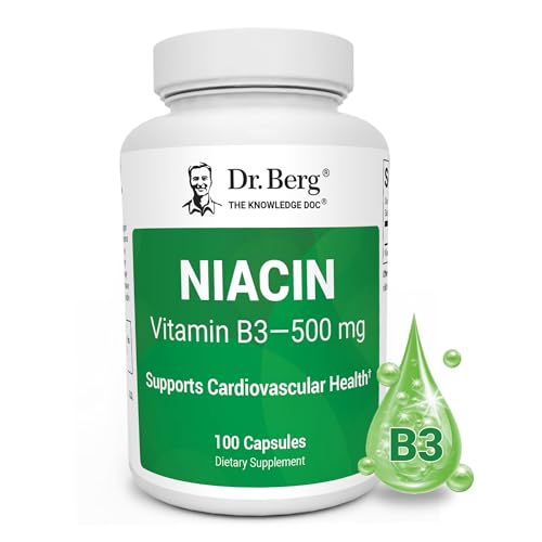 Dr. Berg Highly-Potent Niacin 500 mg Now Only 125 mg per Capsule for Niacin Flush Tolerance Building Gradually Increase to 500mg a Day Vitamin B3 for Heart Brain & Energy Support 100 Capsules