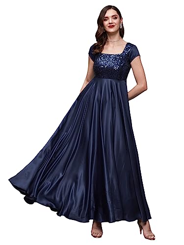 Miss Chase Women's Square Neck Short Sleeve Embellished Fit & Flare Maxi Dress (MCAW22D99-88-71-04, Navy Blue, M)
