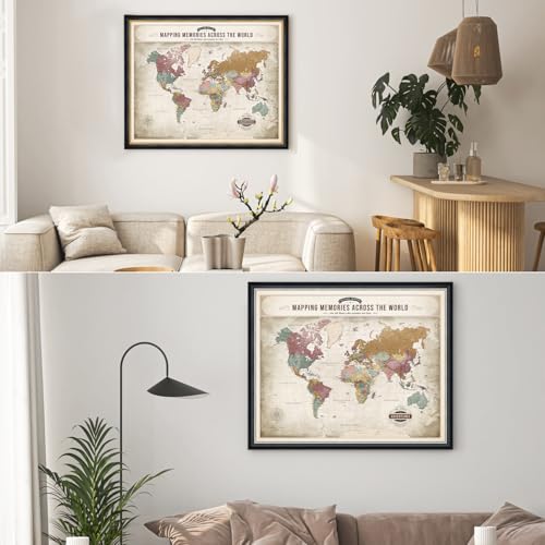 Image of DECORARTS - Large Personalized World Travel Map with Pins, Custom Name, Pin Board Canvas Wall Art, Vintage Pastel World Decor, Optional Wood Frame, Giclee Print, Handcrafted in USA, 35x28''