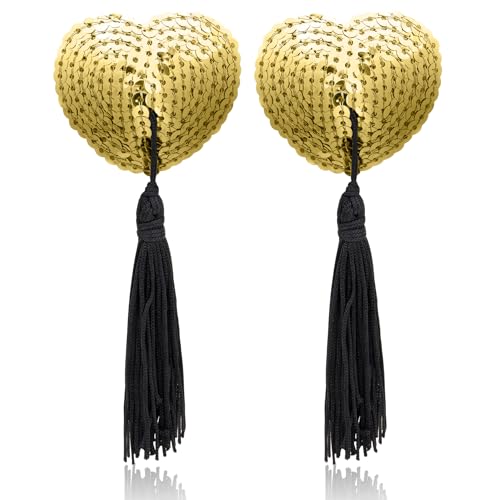 Hebenie Breast Pasties for Women – Reusable Heart-Shaped Nipple Covers with Sequins & Tassel, Self-Adhesive Silicone Breast Petals Gold