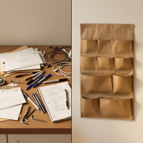 wkao 2 Pcs Wall Hanging Storage Caddy Bag, Washable Kraft Paper Hanging Organizer with Multiple Pockets, Over the Door Storage for Bedroom, Kitchen, Office, Wall Storage Bag for Sundries - Image 5
