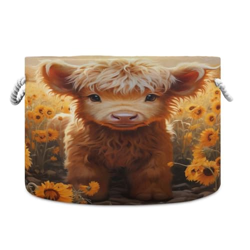 Round Cute Brown Highland Cow Yak Sunflower Storage Basket Large Organizer Bin Laundry Hamper Toy Storage Basket with Handle for Nursery Clothes Toys 202b4846