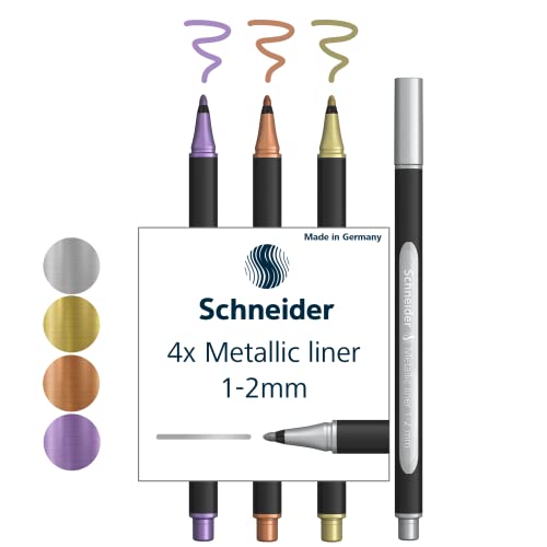Schneider Paint-It Metallicliner 020 (Strichstärke 1-2 mm, hochmetallische Tinte, schnelltrocknend, Gehäuse aus 88% biobasiertem Kunststoff) 4er Etui: silver, gold, copper, violet