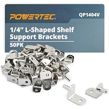 حوامل أرفف على شكل حرف L مقاس 1/4 بوصة من POWERTEC QP1404V، 50 قطعة - مطلية بالنيكل - تدعم الأرفف في المطبخ ورفوف الكتب والخزانة