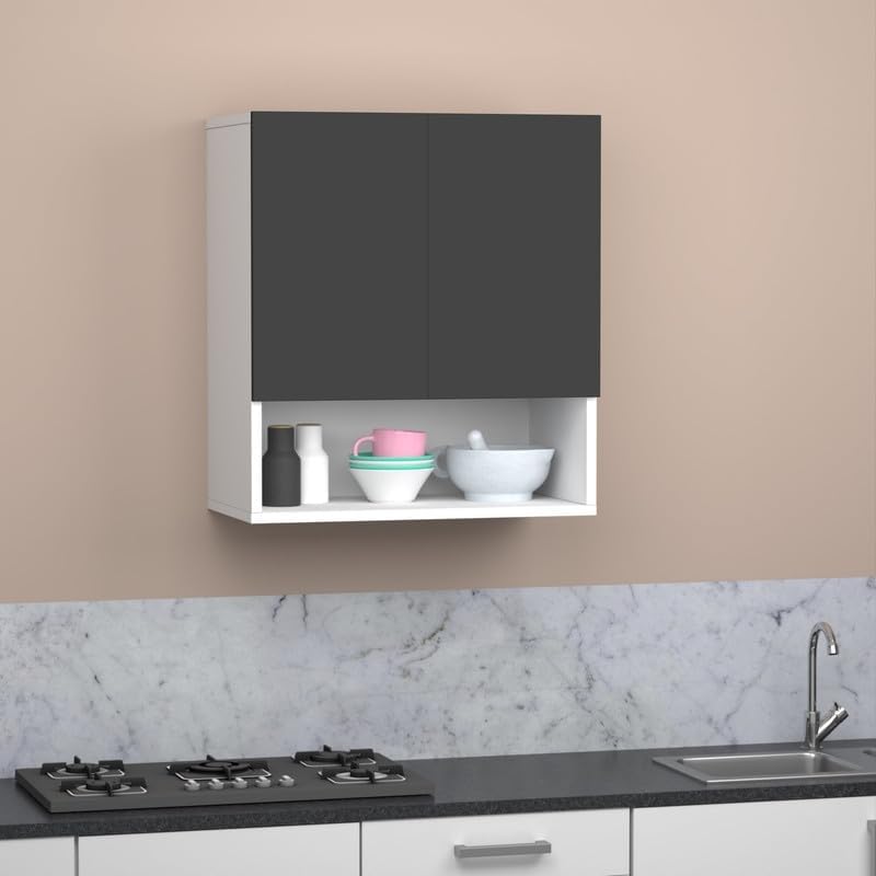 Image of 2 Door Multipurpose Wall Mounted Cabinet with Adjustable & Fixed Shelf | Storage for Kitchen, Bathroom, Office & Living Room | Assembly-DIY | Color-White & Grey | Size-60x33x63.8 Cm