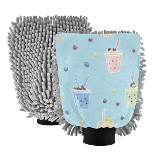 STAYTOP Cartoon Milk Tea Cup Car Wash Mitt Microfiber, 2Pcs Scratch Free Lint-Free, Premium Chenille Microfiber Mitt Car Wash Brush-L