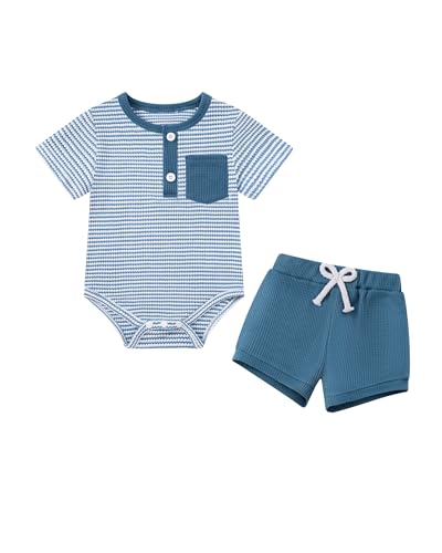 Coco&RARA Baby Boy Clothes outfits 3-6 months Summer spring Newborn Infant Little Kids sets size cute Short Sleeve Buttons rompers top shirts cotton casual Soft Shorts Set(Blue,3-6 Months)