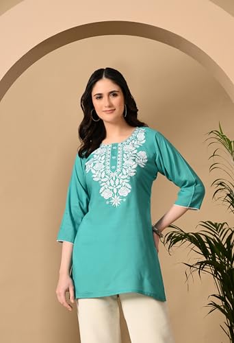 Image of LIBOZA Kurti for Women - Short Chikankari Kurtis for Girls, Lakhnawi Tunic Top Kurta Design for Ladies, Woman Ethnic Kurthis & Shirt with Sleeve