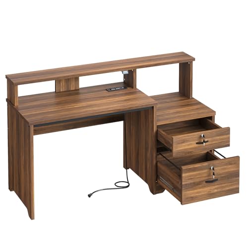 Bestier 55 Inch Wood Computer Desk with Lockable File Drawer, Charging Station & LED Lights - Home Office Desk with Storage Shelves, Printer Shelf & Monitor Stand, Wooden Desk for Study & Work, Walnut