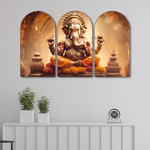 Image of SAF Lord Ganesha Wall Art 3 Panel Set | Golden Divine Ganpati Painting on MDF | Spiritual Wall Hanging for Home Temple Living Room Bedroom Office Decor (30 x 50 Inch) RPNL-74