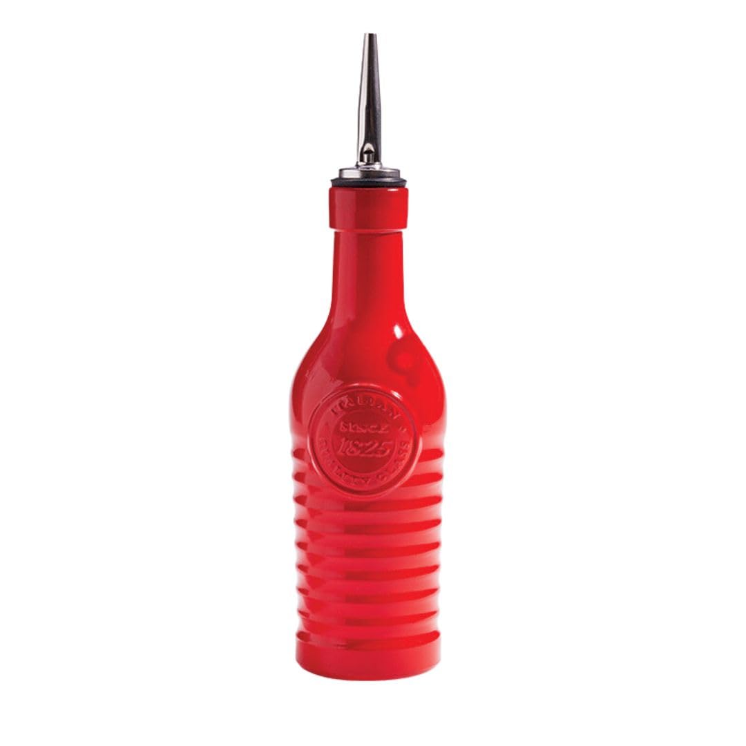 Bouteilles en verre rouge Bormioli Rocco pour doser l'huile sans tacher la nappe