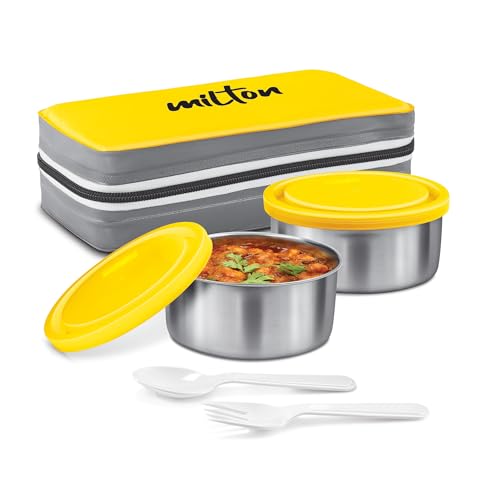 MILTON New Mini Lunch Box with Insulated Bag, 2 Containers (2 Stainless Steel 280 ml Each, Spoon & Fork), Leak-Proof Tiffin for Office, School,