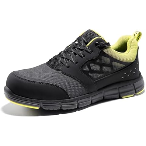 SPIEZ Safety Shoes for Men - Lightweight Breathable Steel Toe Shoes Puncture Proof Fashionable Sneakers Black/Green US 7-12 Cover