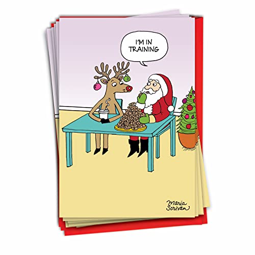 NobleWorks - 12 Merry Christmas Cards Funny - Boxed Set of Cartoon Animals, Festive Humor Holiday Xmas Cards (1 Design, 12 Cards) - Cookie Training C3416XSG-B12x1