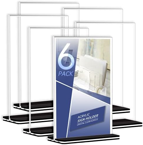 Acrylic Sign Holder,8.5x11 Inches Plastic Sign Holder paper holder,6 Pack T Shape Table Top Display Stand,Double Sided, Bottom Load,Perfect for Restaurants, Office, Photo Frames, Store,Promotions(6)